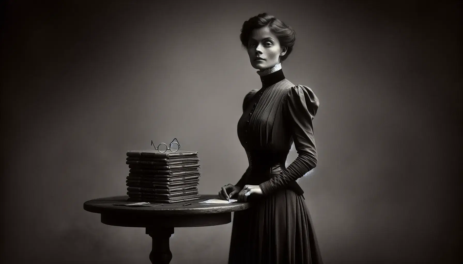 Early 20th-century woman in high-collared blouse and long skirt, standing by a table with pamphlets and round-rimmed eyeglasses, against a plain backdrop.