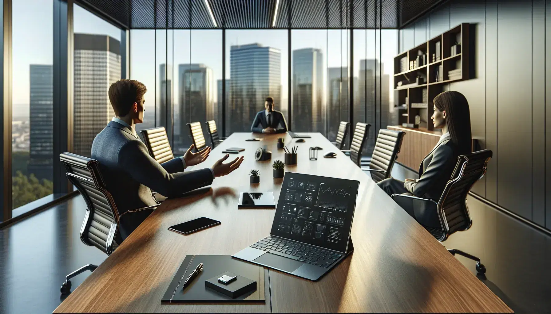 Modern office setting with a wooden conference table featuring a laptop, tablet, smartphone, and notepad, with two professionals in a discussion, cityscape in the background.