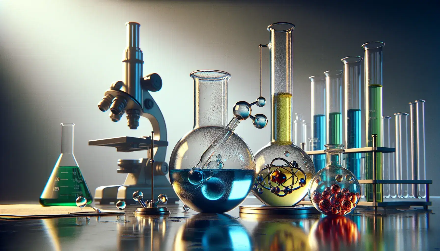 Science laboratory with three glass containers: beaker with blue liquid, flask with yellow gas and Petri dish with red solid.
