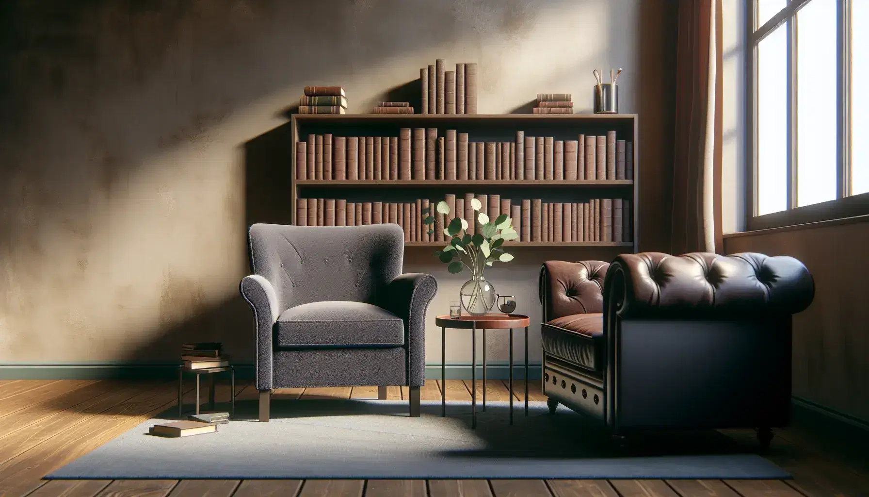 Cozy therapist office with a navy blue armchair, worn brown leather couch, wooden side table with green leaves, and a bookshelf filled with hardcovers.