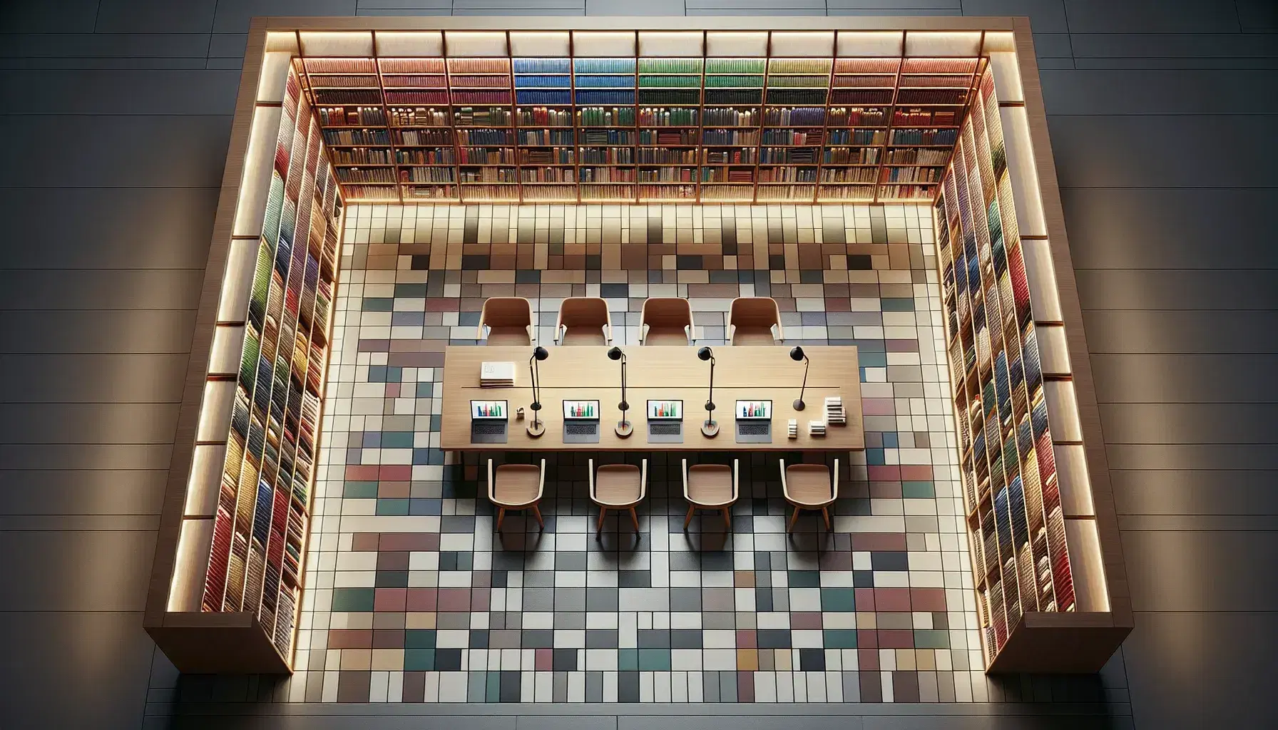 Vista aérea de una biblioteca con estanterías de madera oscura llenas de libros coloridos, una mesa de estudio con cuatro sillas y portátiles mostrando gráficos.