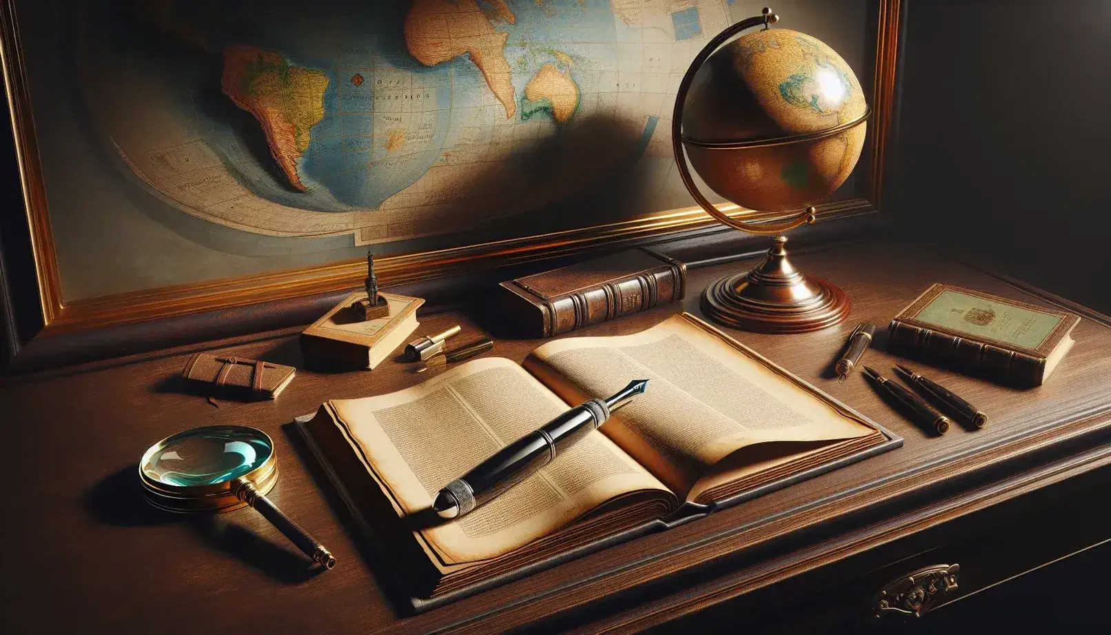 Scrivania in legno scuro con libro aperto, lente d'ingrandimento, penna stilografica nera, globo e quadro astratto sullo sfondo.