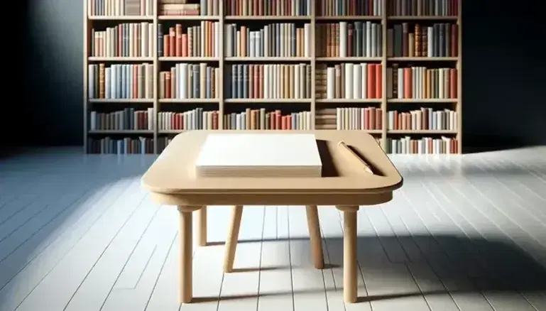 Biblioteca luminosa con mesa de madera, papeles alineados, lápiz afilado y estantería repleta de libros coloridos sin títulos visibles, reflejando un ambiente sereno.