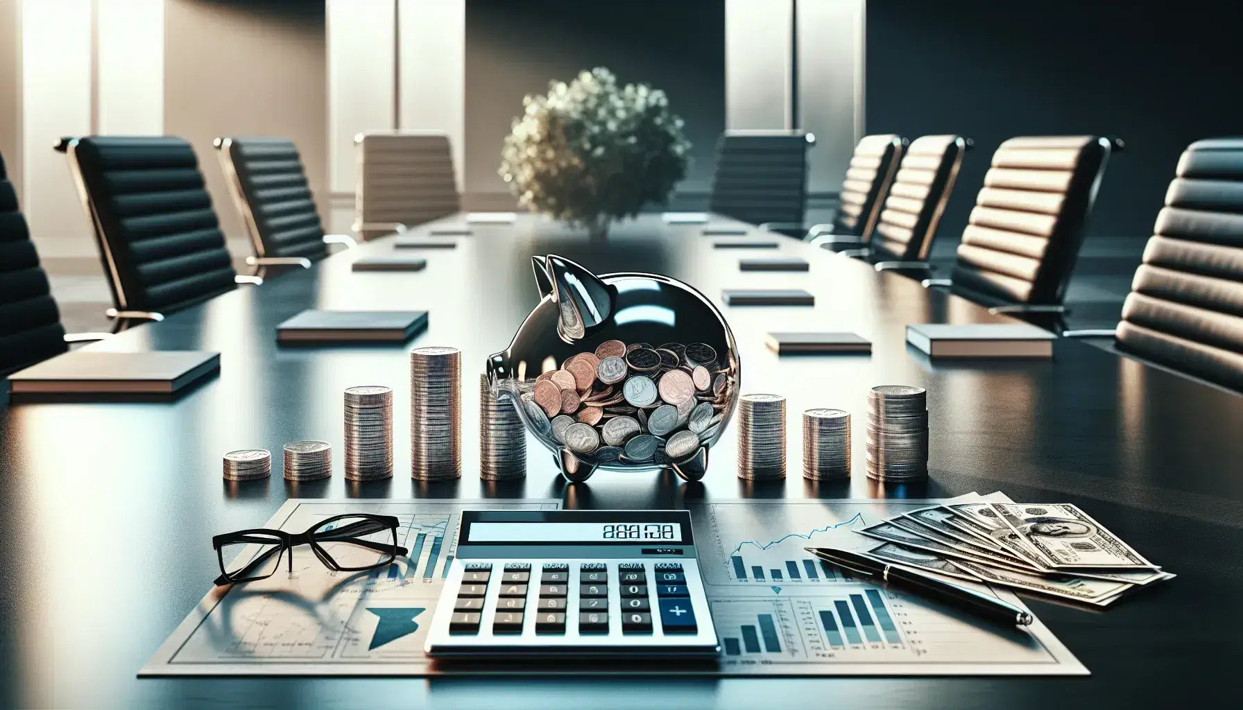 Polished wooden conference table with a calculator, ascending stacks of coins, a glass piggy bank with currency, and eyeglasses on financial charts.