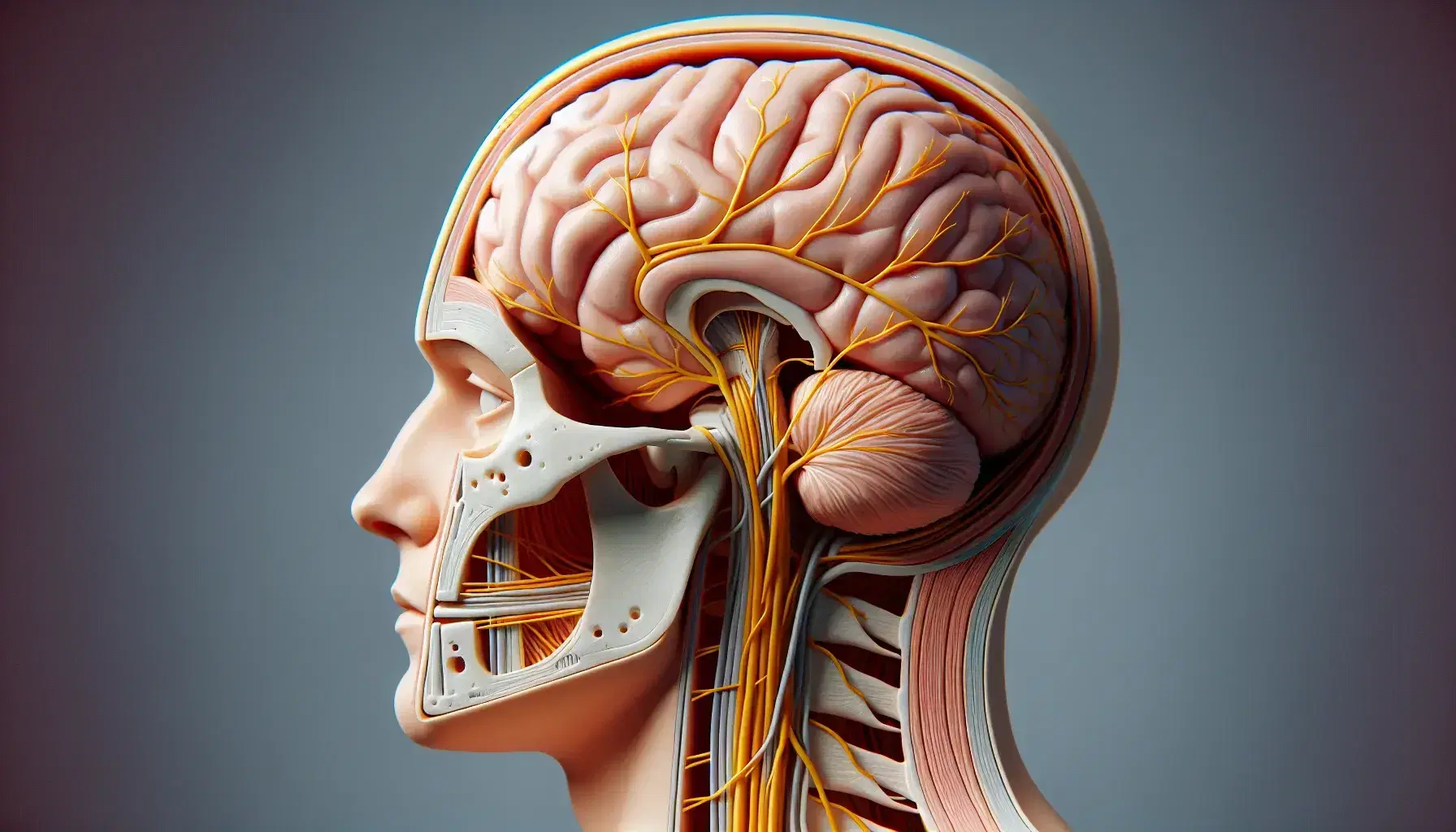 Modelo anatómico 3D de cabeza humana seccionada mostrando cerebro y nervios craneales en tonos realistas, sin detalles faciales y fondo neutro.