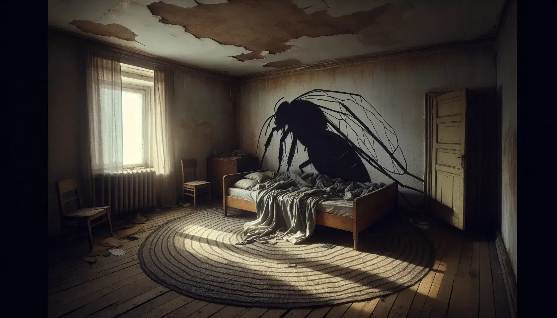 Habitación desordenada con cama de madera y sábanas grises, figura oscura insectoide en el centro, silla volcada y alfombra circular desgastada.