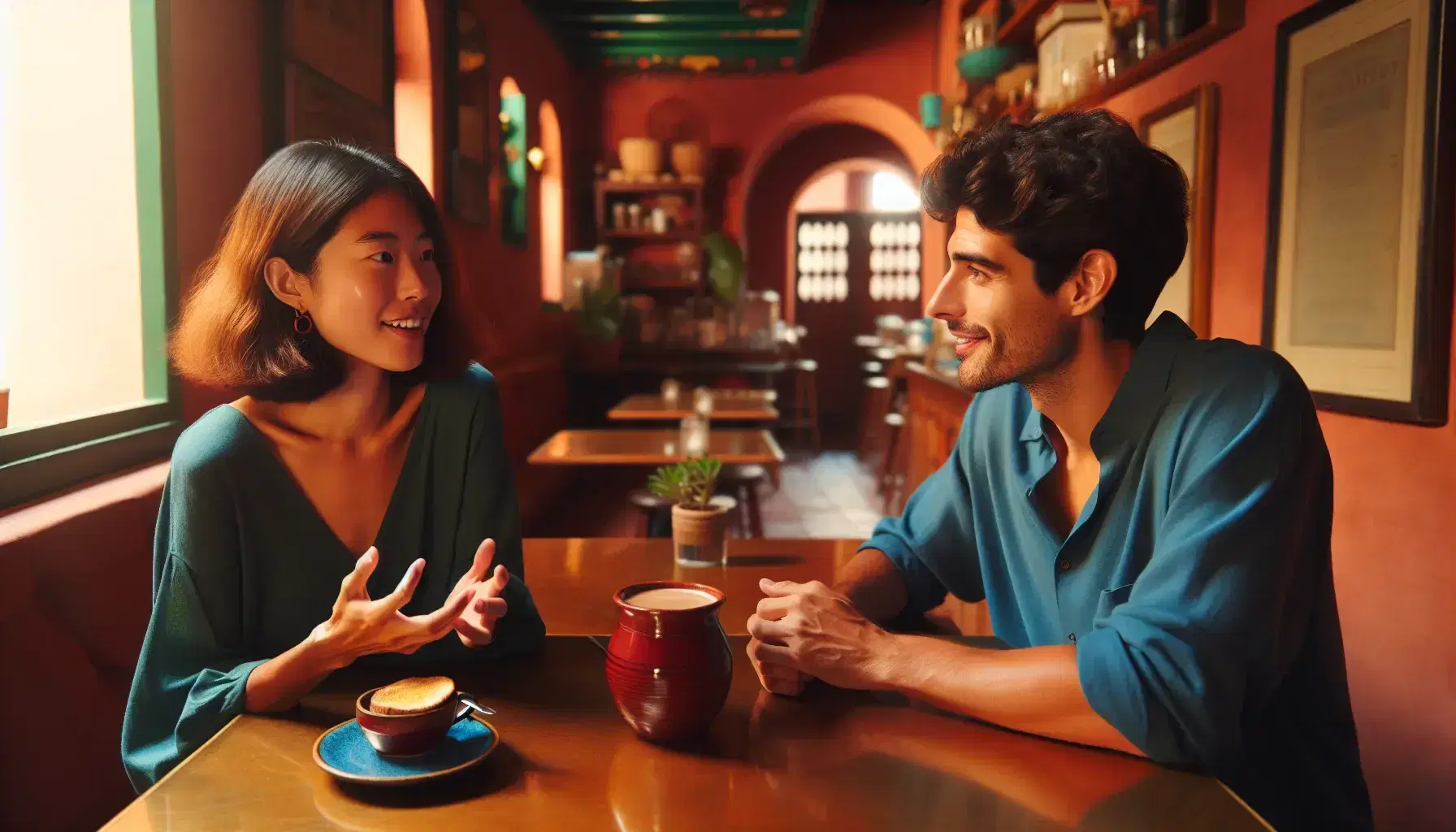 Two people engaged in conversation at a cozy Spanish café, with a woman gesturing and a man smiling, a coffee mug and toast on the table, warm lighting.