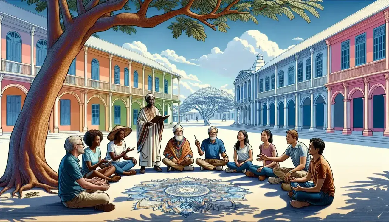 Diverse group of individuals in a semi-circle outdoors, under a tree, with a Black man in African attire, a woman in jeans, an elder with a notebook, a South Asian woman with a pen, and a Hispanic man gesturing, colonial buildings in the background.