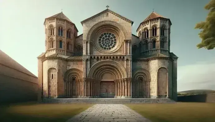 Iglesia románica de piedra con portal central de arco semicircular, rosetón circular, dos torres con tejados cónicos y camino de adoquines.