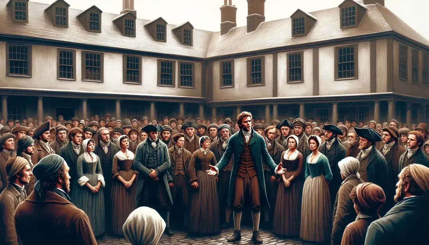 Grupo de personas en vestimenta colonial en una plaza, con un hombre arengando, edificios antiguos al fondo y herramientas agrícolas en primer plano.