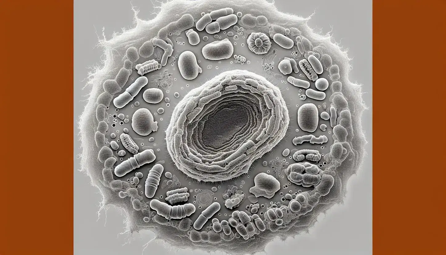 Micrografía electrónica de transmisión en escala de grises mostrando un lisosoma central con contenido denso y organelas circundantes como mitocondrias y retículo endoplasmático.