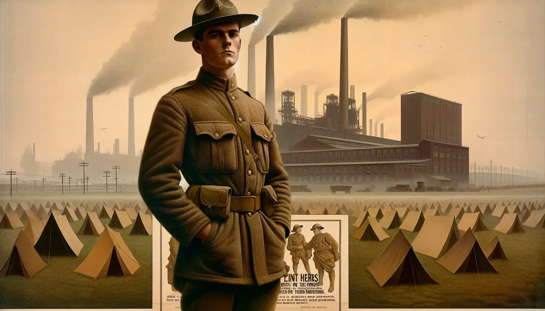 World War I American soldier in olive uniform stands at attention between industrial smokestacks and a field of military tents.