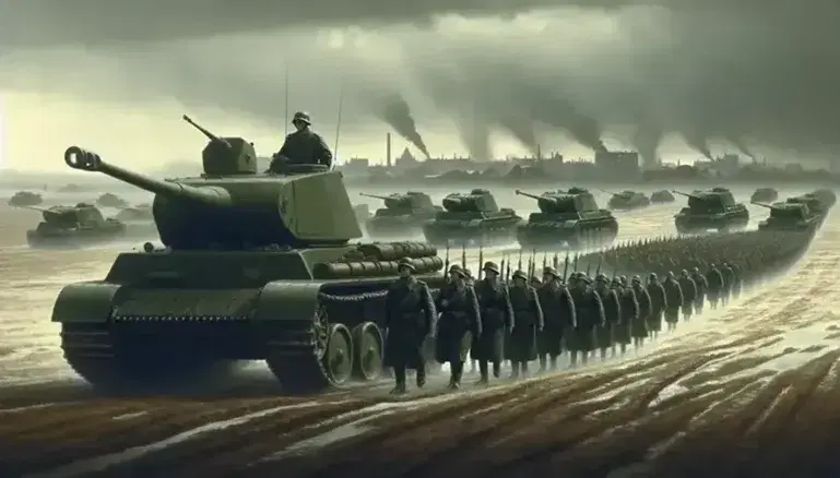 Green tanks lined up on a desolate field, marching soldiers and smoking city in the background, 1930s European pre-war scenery.
