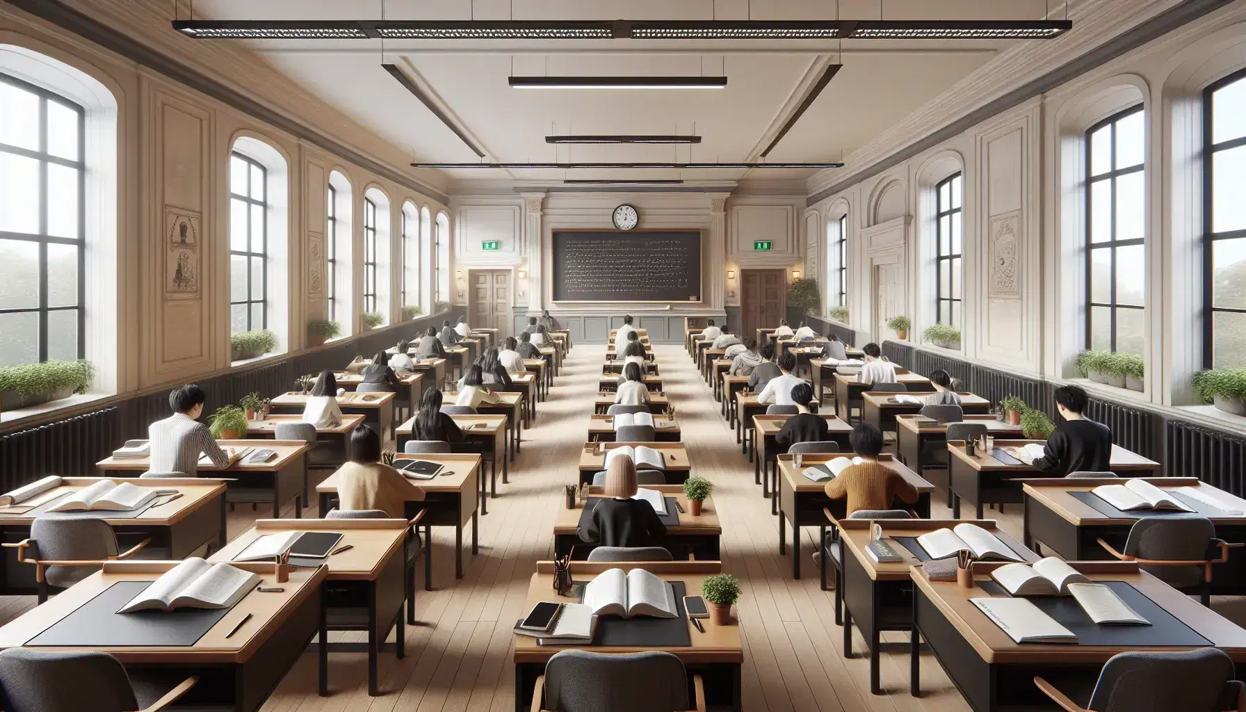 Aula universitaria luminosa con banchi in legno scuro, libri aperti, lavagna vuota, studenti concentrati e pianta verde vicino alla finestra.