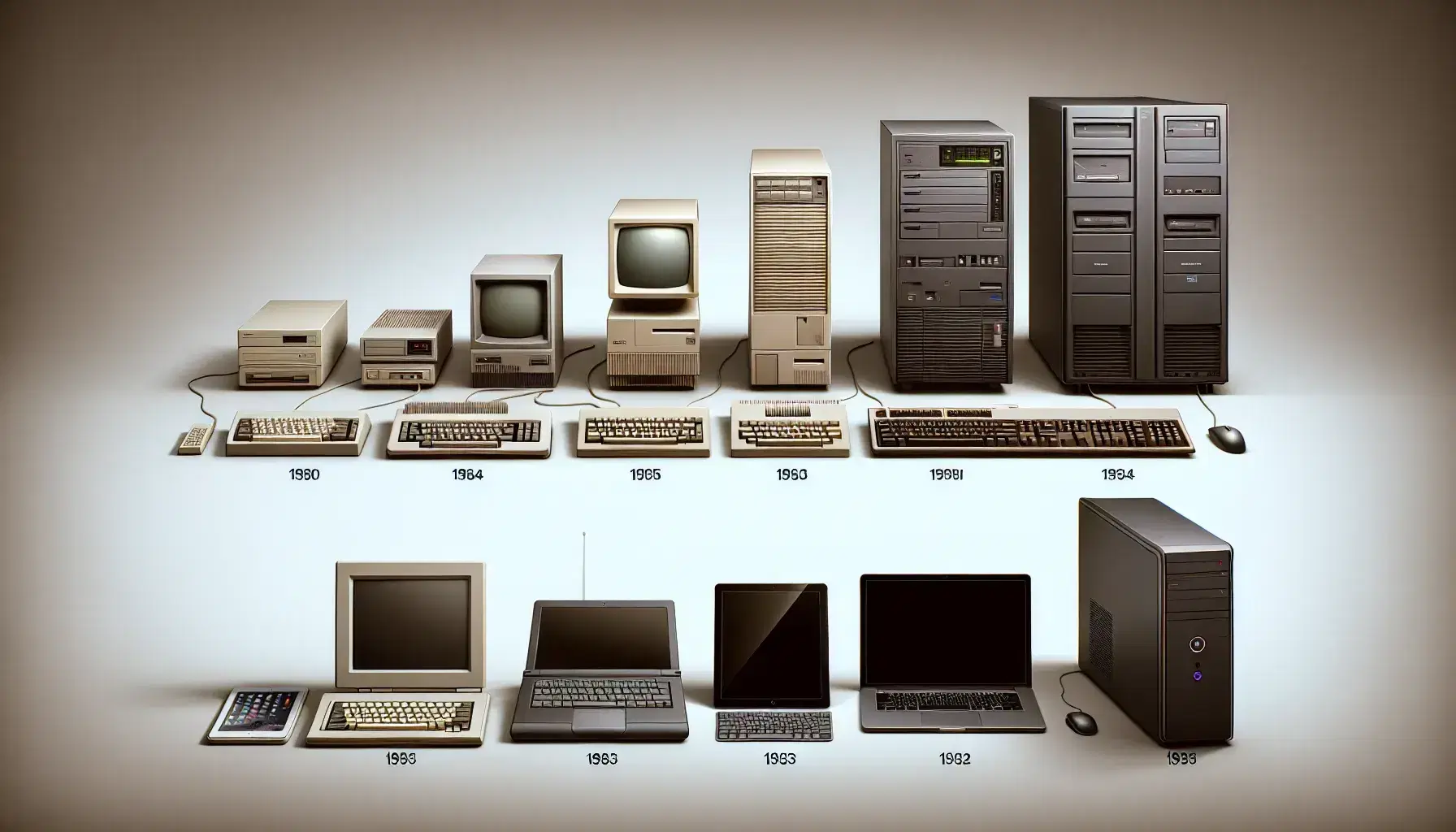 Evolución de la tecnología informática mostrando ordenadores desde un modelo antiguo de mesa hasta un moderno PC de escritorio con monitor delgado y periféricos inalámbricos.