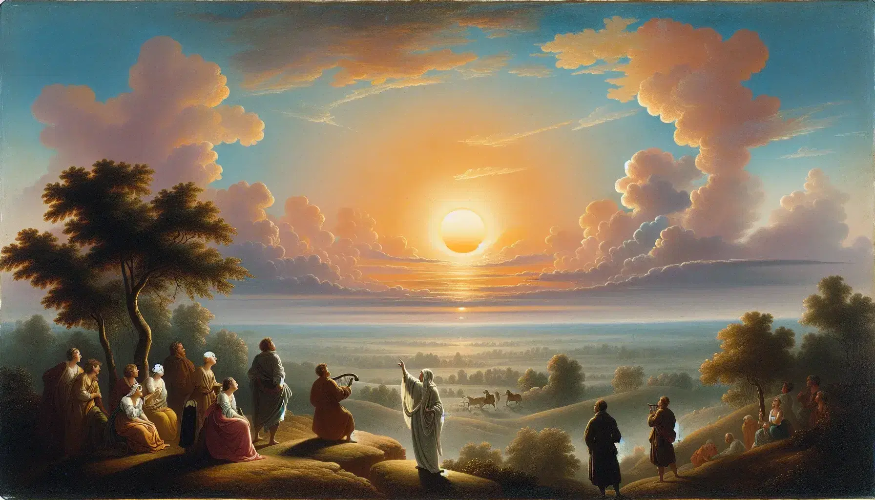Cielo al tramonto con sfumature arancioni, rosa e blu, sole radiante al centro, paesaggio collinare con alberi e persone in abiti d'epoca, figura con lira in primo piano.