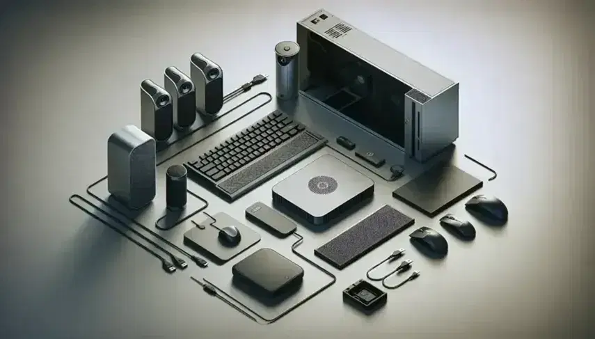 Conjunto de dispositivos electrónicos con CPU gris, teclado negro, ratón óptico, altavoces cilíndricos y monitor apagado sobre superficie clara.