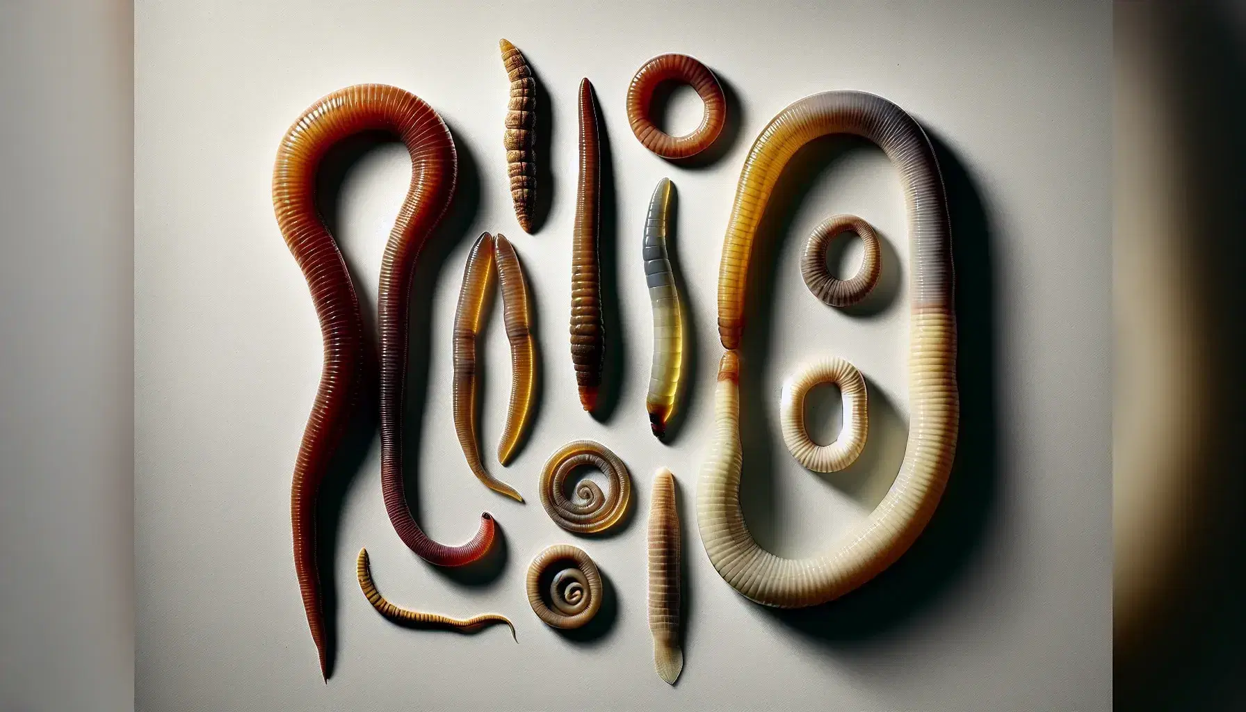 Variedad de gusanos reales de diferentes especies sobre fondo neutro destacando sus características morfológicas, incluyendo un anélido segmentado, un platelminto aplanado y un nematodo cilíndrico y translúcido.