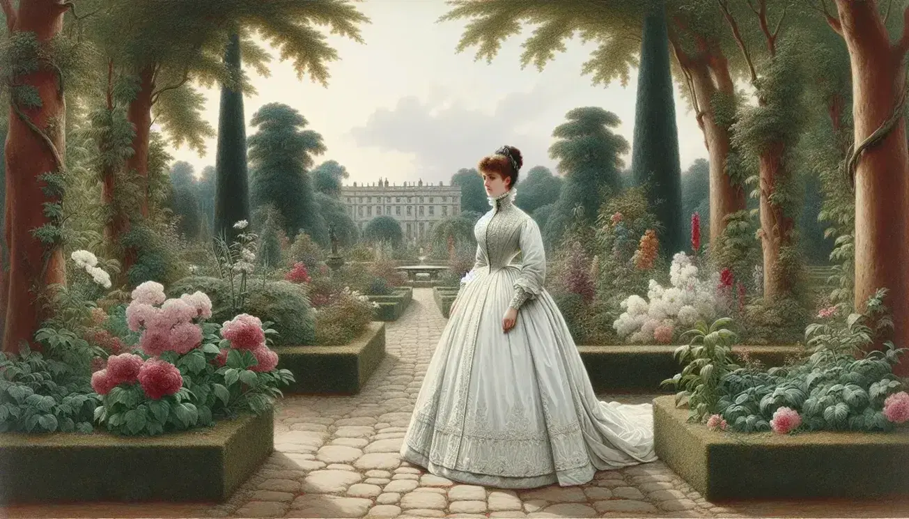 Victorian-era woman in white gown with high neckline stands on cobblestone path in lush garden, grand mansion in background, clear blue sky above.