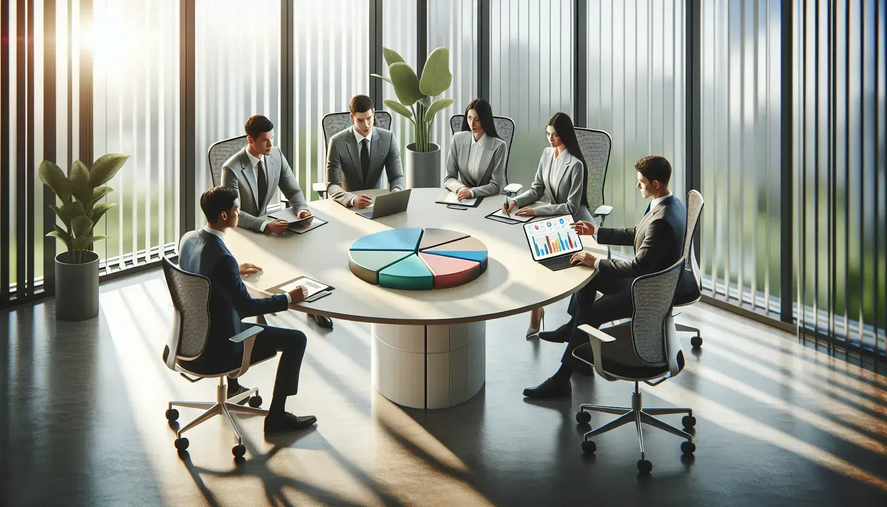 Reunión de negocios en oficina moderna con cuatro profesionales analizando datos en gráficos 3D y tablet, iluminados por luz natural.