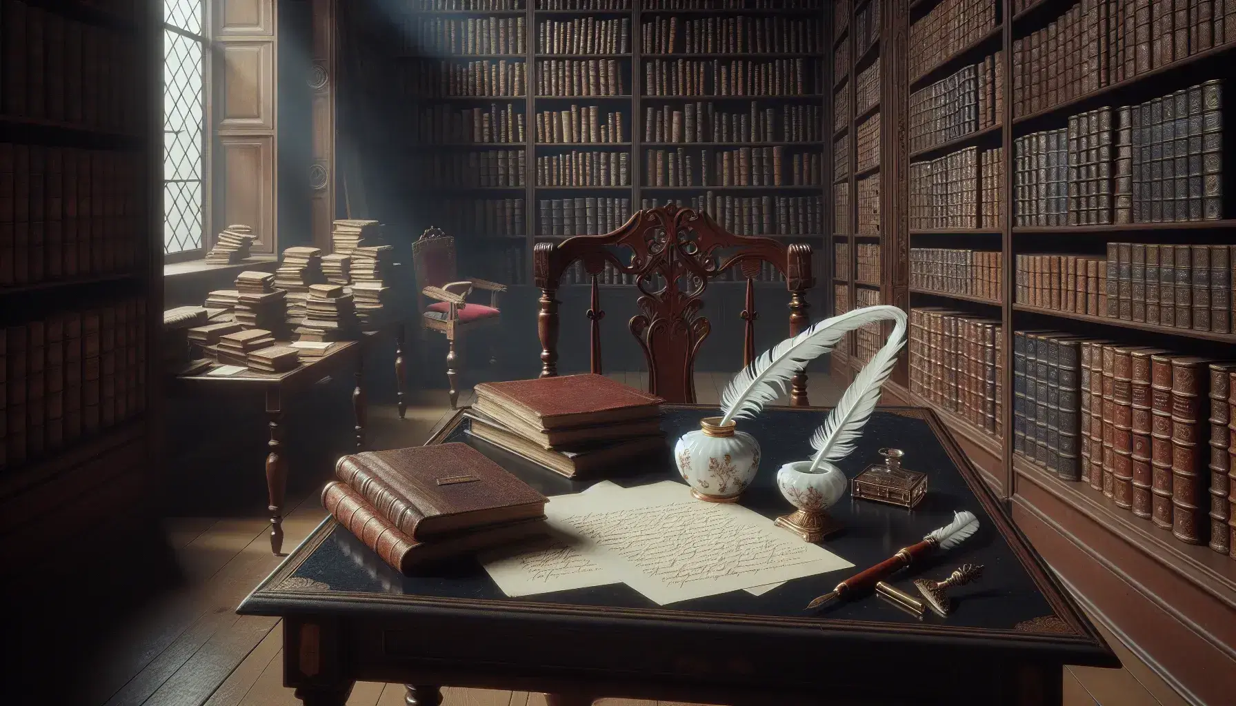 Escena de biblioteca antigua con mesa de madera oscura, pluma de ave y tintero de porcelana, silla con cojín rojo y estantes llenos de libros variados bajo luz suave.