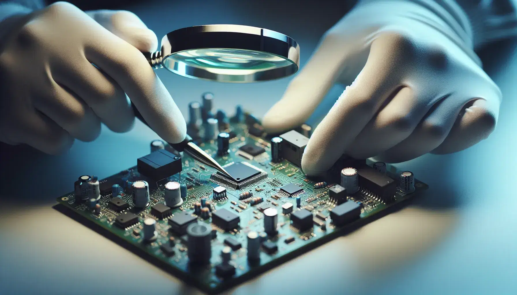 Close-up view of gloved hands inspecting a circuit board with a magnifying glass, highlighting electronic components and soldering details.