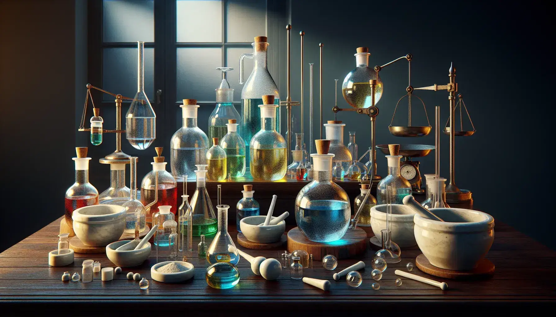 Frascos de vidrio con líquidos de colores en laboratorio clásico, morteros de porcelana, varillas de vidrio y balanza, sobre mesa de madera oscura.