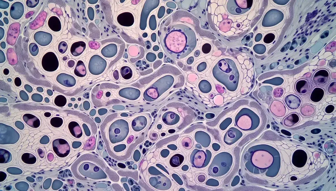 Vista microscópica de células humanas en tejido conectivo con núcleos oscuros y matriz extracelular translúcida, teñidas en tonos rosados y violetas.