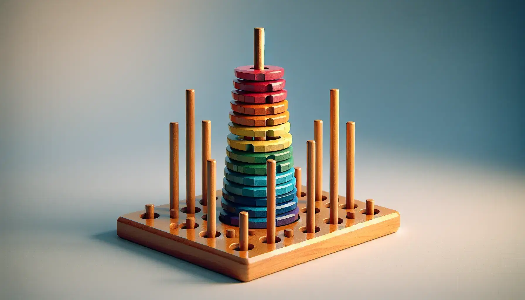 Tower of Hanoi with rainbow colored discs on wooden base, with three vertical rods and blue-cream gradient background.