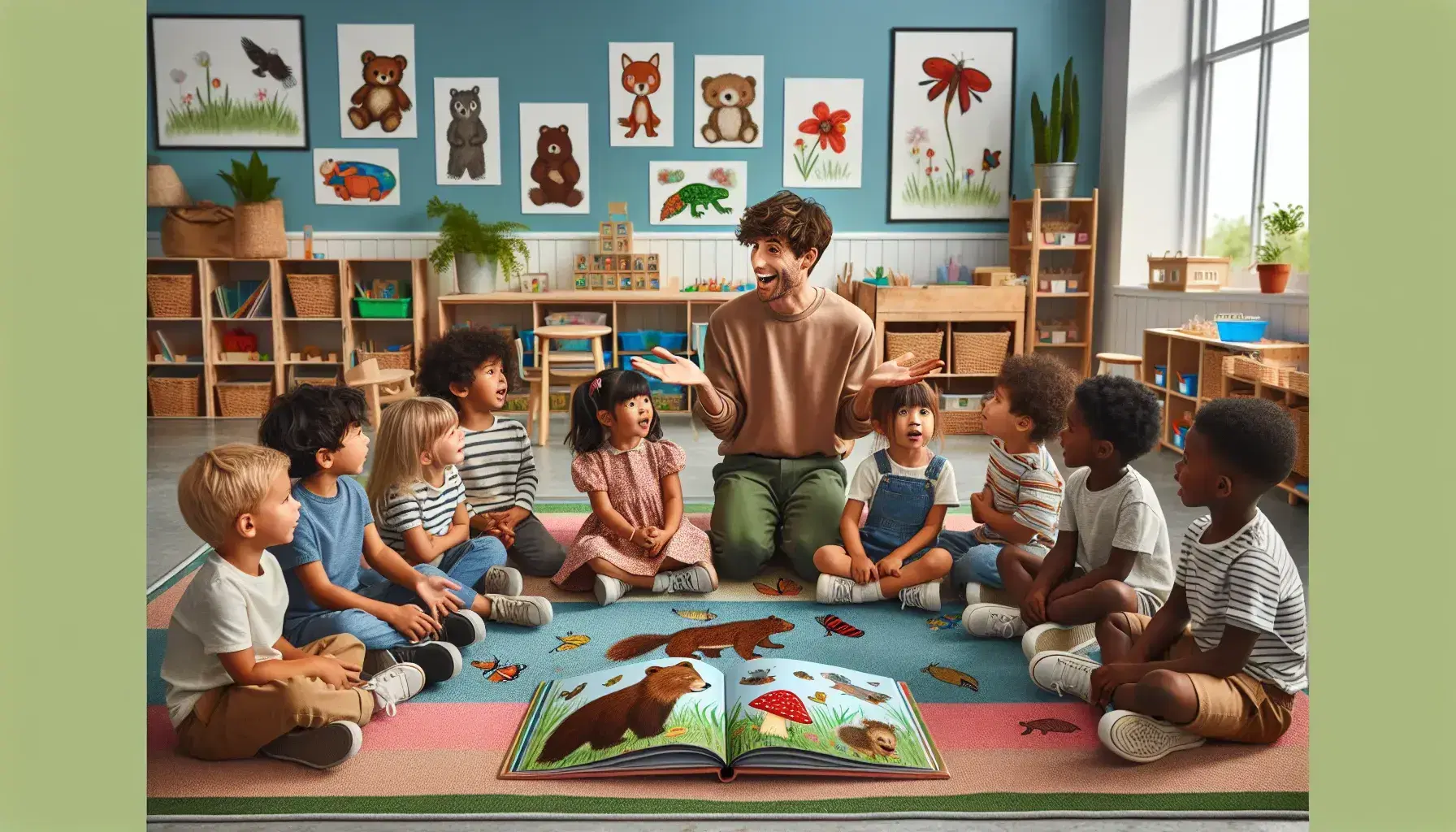 Diverse group of young children engaged in story time with a teacher in a colorful early education classroom, with a large illustrated book open on the rug.