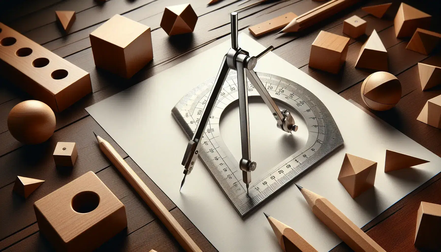 Polished wooden tabletop with mathematical tools including a compass on paper, clear protractor, wooden geometric shapes, scissors, and colored pencils.