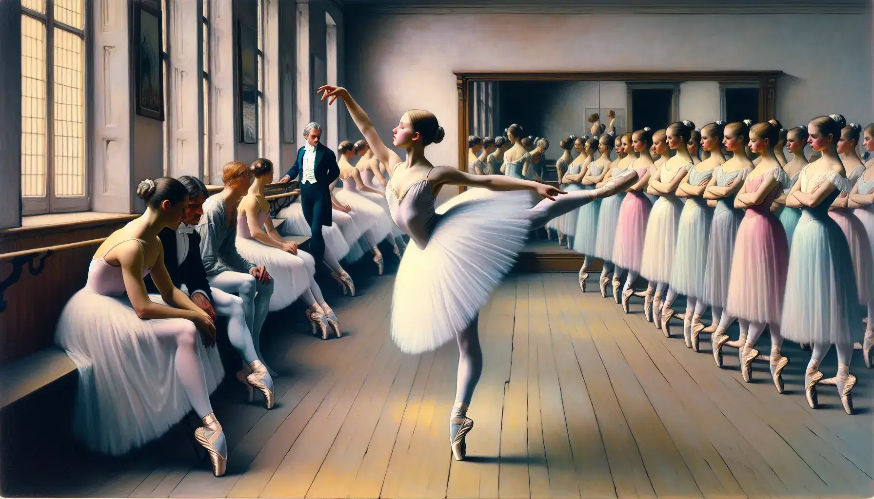 Ballarina in tutù chiaro esegue esercizi alla sbarra in studio di danza con specchi e finestre, osservata da maestro e altre danzatrici.