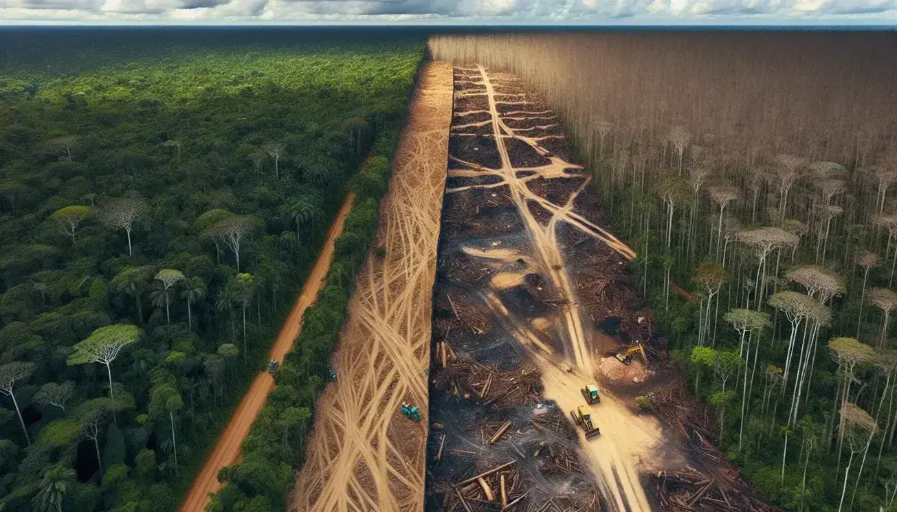 Vista aérea del límite entre la densa selva amazónica y una zona de deforestación con maquinaria y suelo marrón claro.