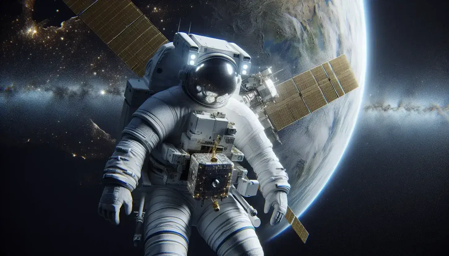 Astronauta in tuta spaziale con satellite CubeSat in mano fluttua nello spazio con Terra riflessa nel visore e stelle sullo sfondo.
