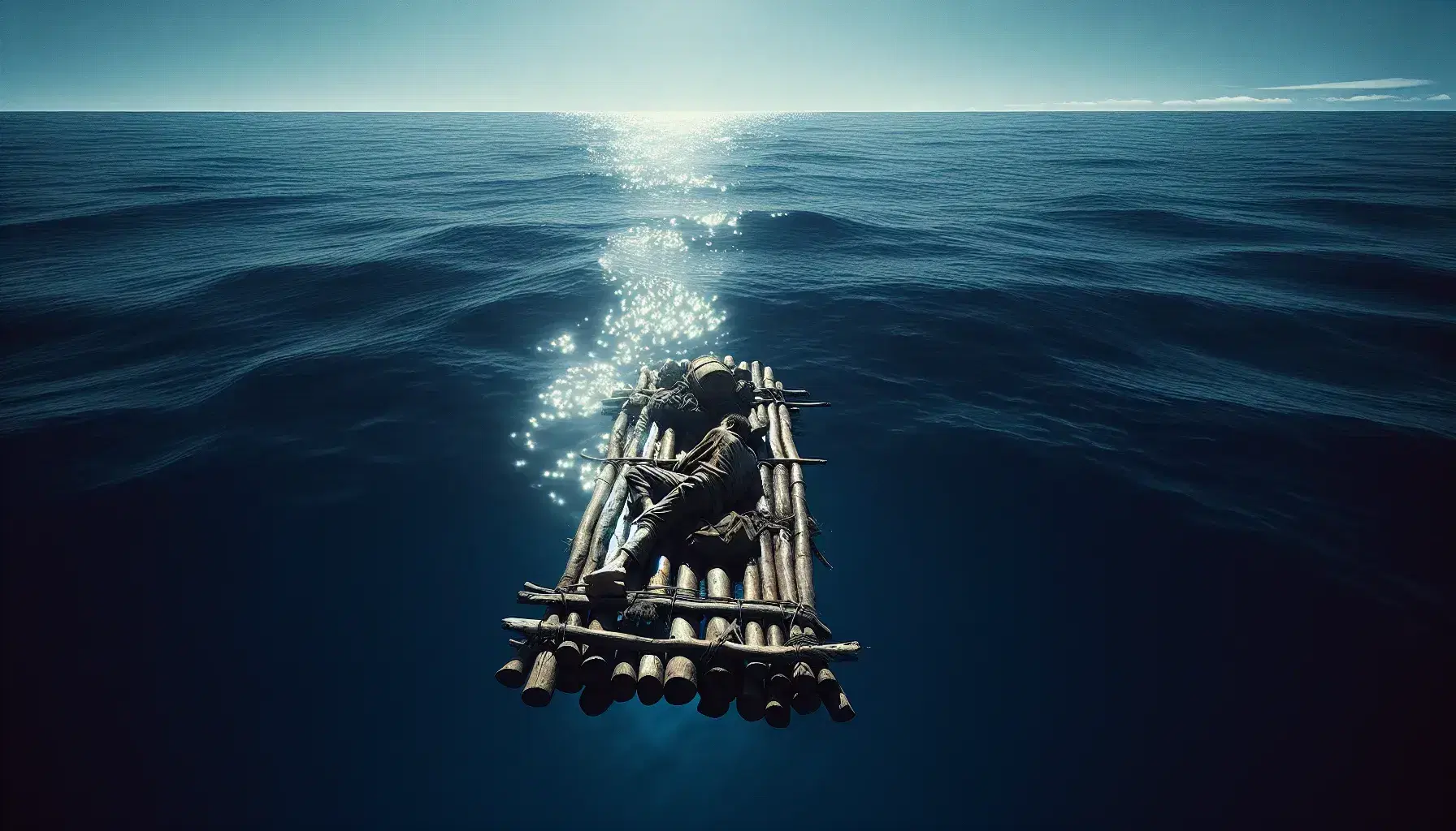 Balsa rudimentaria de madera flotando en océano azul profundo con persona agotada bajo sol intenso, reflejando aislamiento y vulnerabilidad.