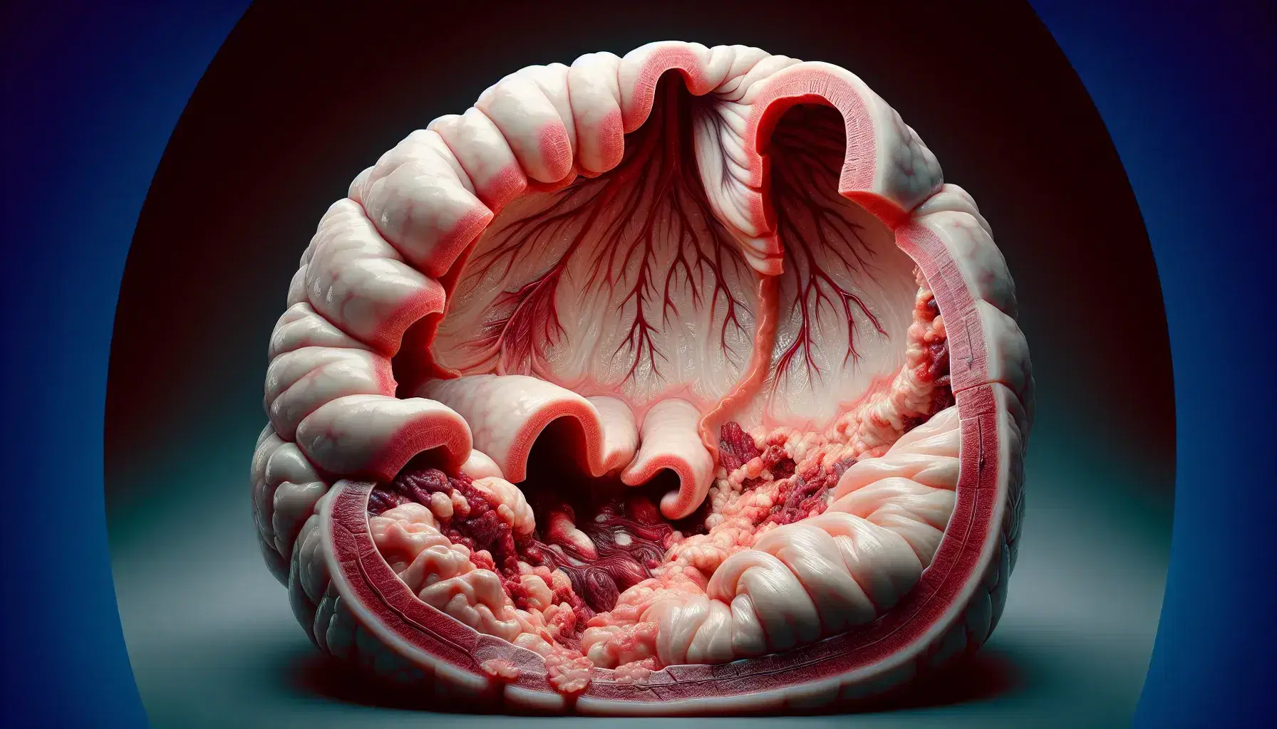 Stomaco umano aperto mostrando strati esterni rosa pallido, vasi sanguigni e interno con pieghe gastriche e ulcera peptica.