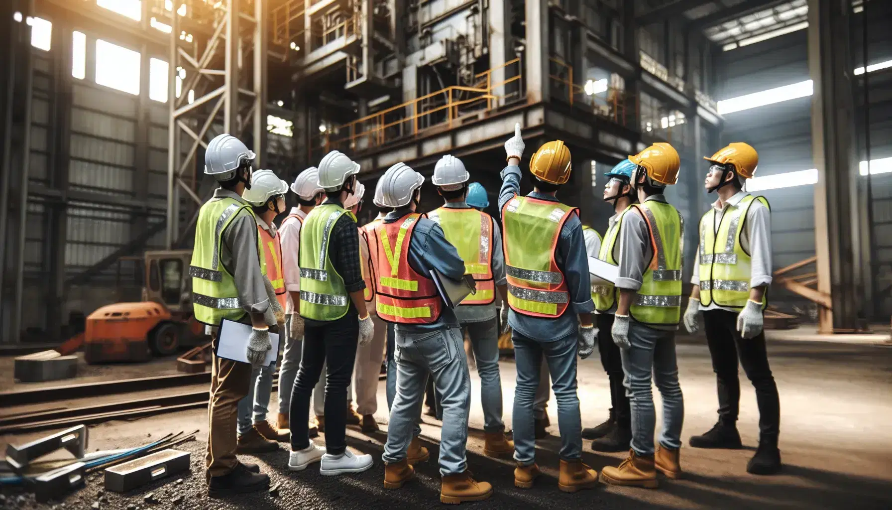 Trabajadores con cascos de seguridad en obra industrial señalando estructuras metálicas, con chalecos reflectantes y herramientas en el suelo.