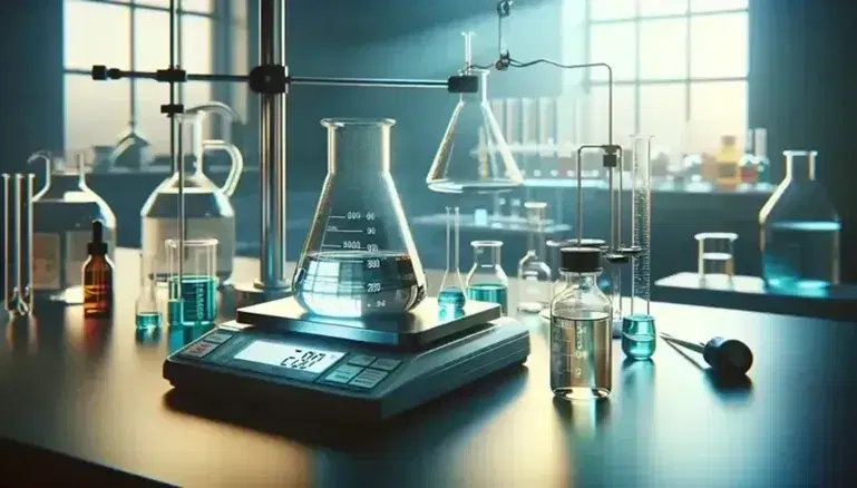 Laboratorio de química con matraz Erlenmeyer en balanza digital, vaso con solución azul, tubo de ensayo con líquido amarillo y cilindro graduado.