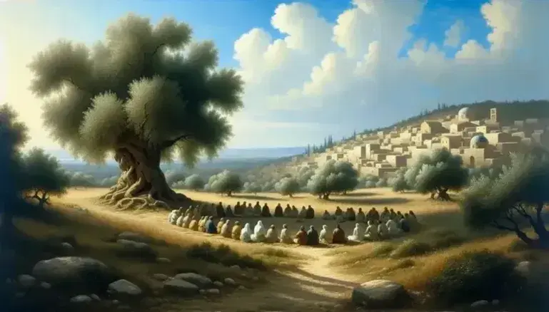 Paesaggio sereno con antico ulivo, persone sedute in cerchio su una collina e città antica in lontananza sotto un cielo azzurro.