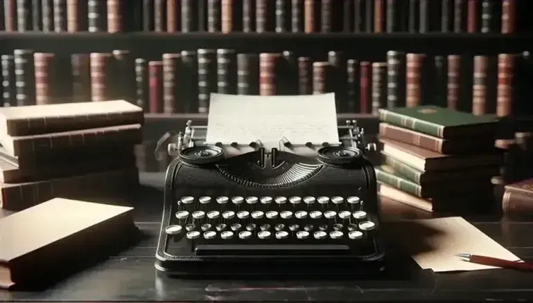 Máquina de escribir antigua negra con teclas redondas blancas sobre mesa de madera oscura, junto a pila de hojas en blanco y fondo desenfocado de estantería con libros.