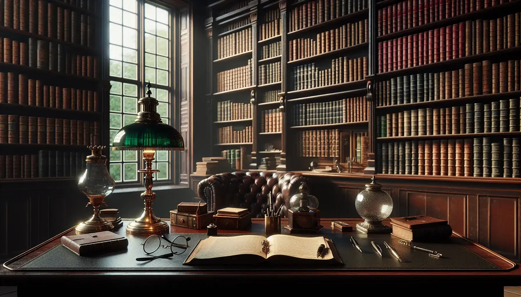 Biblioteca antica con scrivania in legno scuro, oggetti d'epoca, scaffali pieni di libri rilegati e poltrona in pelle marrone.