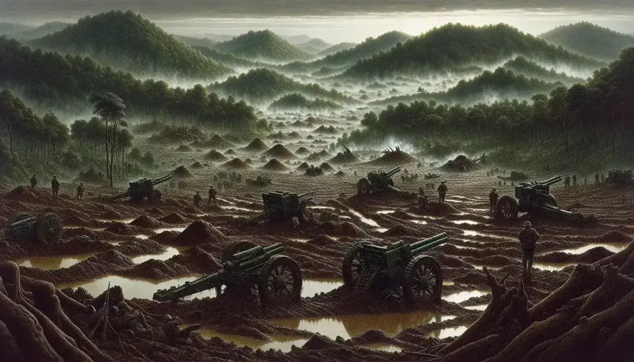 Battlefield at Dien Bien Phu with artillery pieces, bomb craters, and a dense jungle backdrop under an overcast sky, reflecting a somber historical scene.