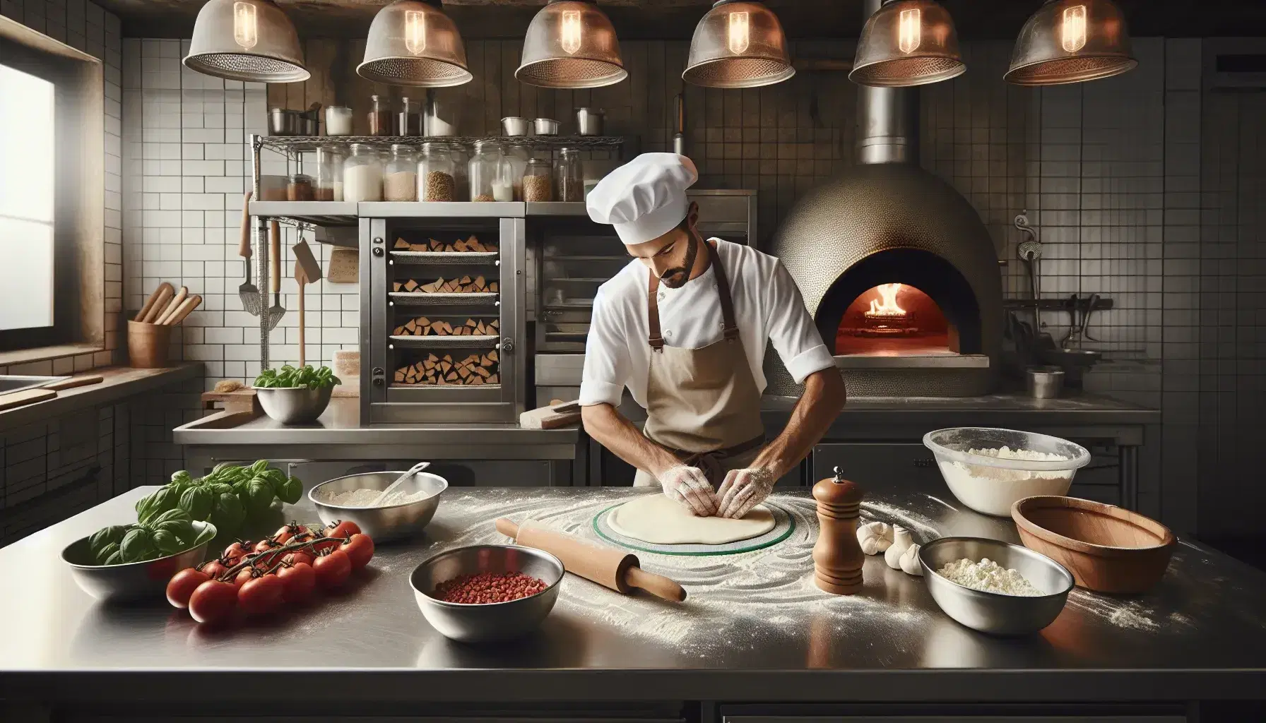 Pizzaiolo abile impasta la pizza su banco acciaio in cucina professionale, con forno a legna e ingredienti freschi sullo sfondo.