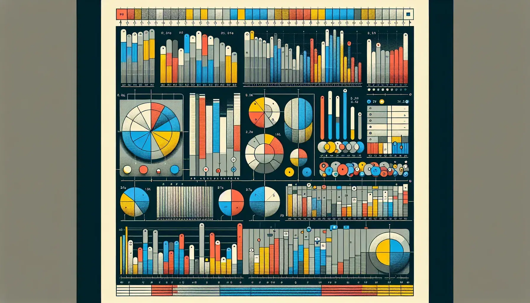 Gráficos de pastel y barras en secuencia horizontal mostrando proporciones y comparaciones de datos con leyenda de colores correspondiente.