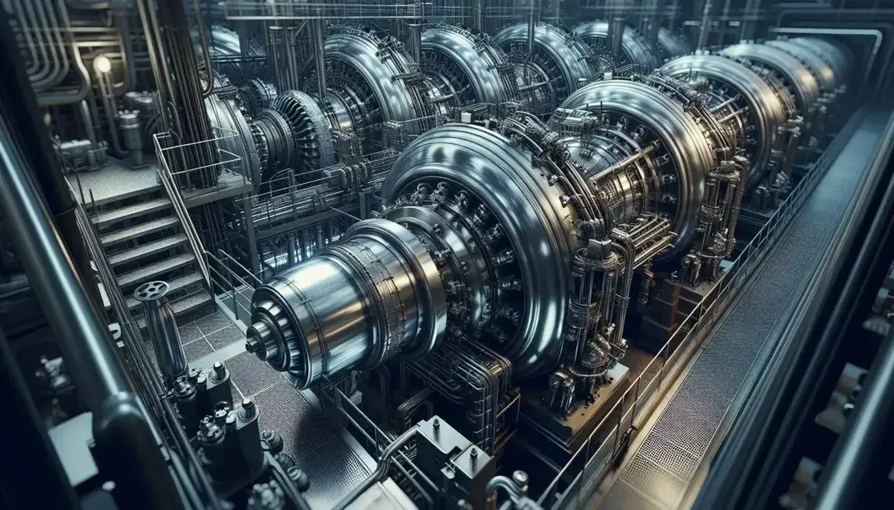Turbine a vapore metalliche e lucide con complessa rete di tubature e valvole, pale di turbine idrauliche sullo sfondo e parte di motore a combustione interna.