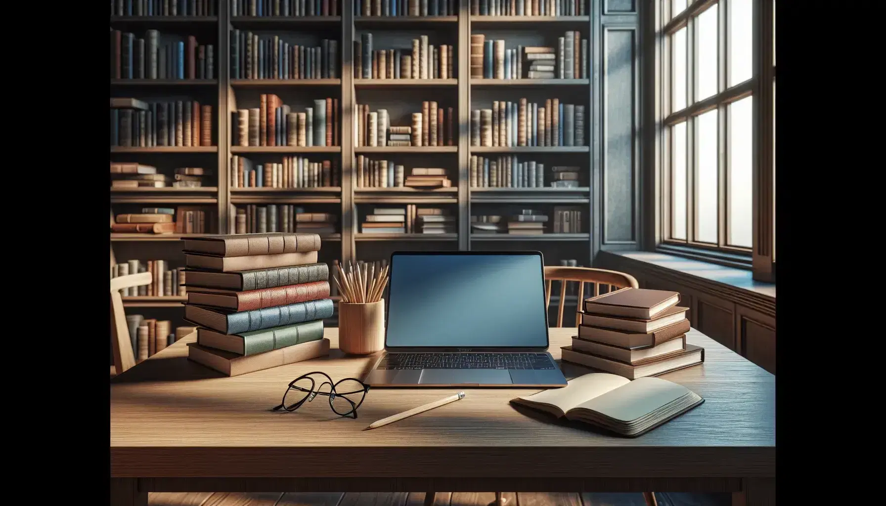 Biblioteca acogedora con estanterías de madera oscura llenas de libros, mesa con portátil abierto, montón de libros coloridos, gafas y cuaderno en blanco.