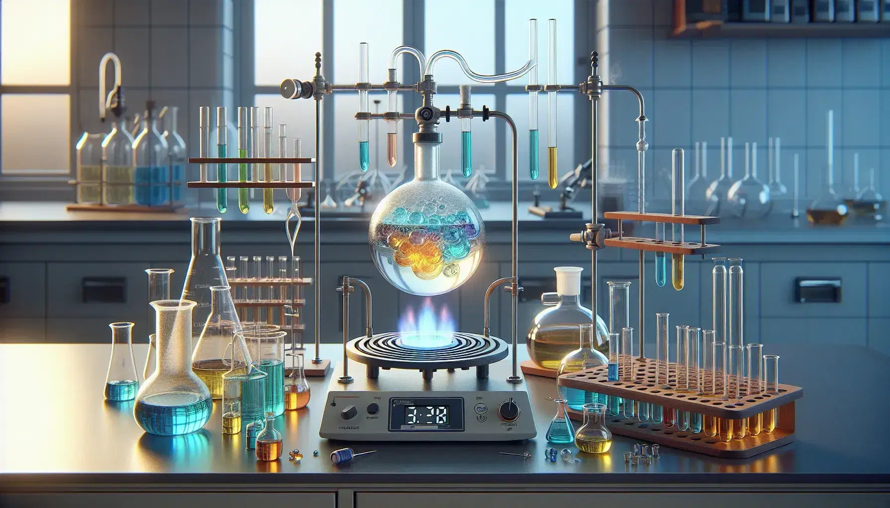 Laboratory with distillation equipment, Bunsen flame heating flask with colored liquid, test tubes and digital thermometer.