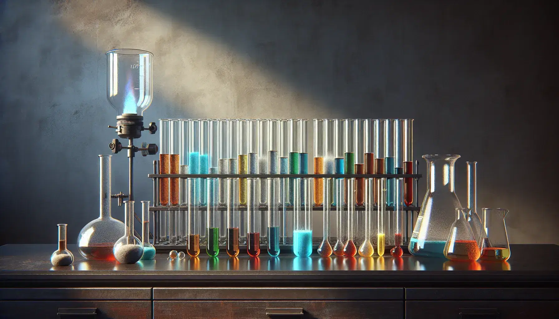 Provette di vetro con liquidi colorati su mensola in laboratorio scientifico, accanto a bruciatore Bunsen acceso e becher su treppiede.