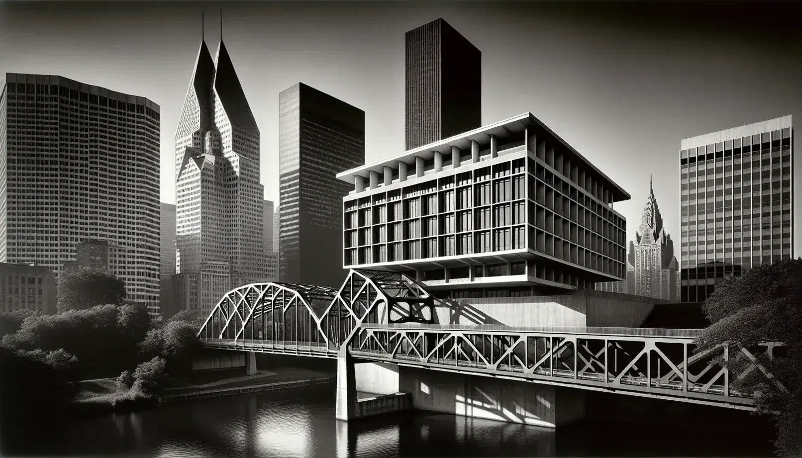 Black and white cityscape showcasing American Modernism architecture with geometric buildings, a steel truss bridge, and sleek skyscrapers against a clear sky.