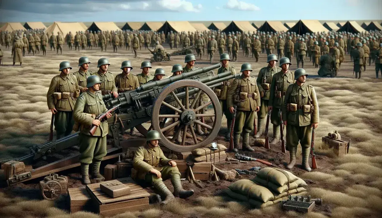 Soldati in uniforme della Seconda Guerra Mondiale in formazione con fucili e cannone su terreno erboso, tende militari sullo sfondo.